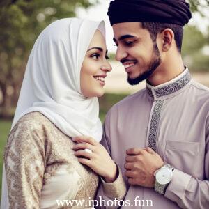 A Muslim couple embracing in a park, displaying affection and love in a serene outdoor setting