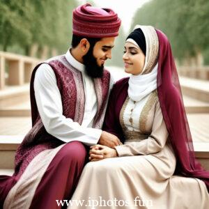 A Muslim couple embracing in a park, displaying affection and love in a serene outdoor setting