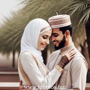 A Muslim couple embracing in a park, displaying affection and love in a serene outdoor setting