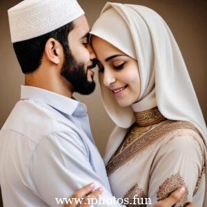 A Muslim couple embracing in a park, displaying affection and love in a serene outdoor setting