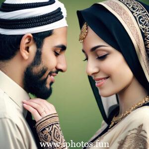 A Muslim couple embracing in a park, displaying affection and love in a serene outdoor setting