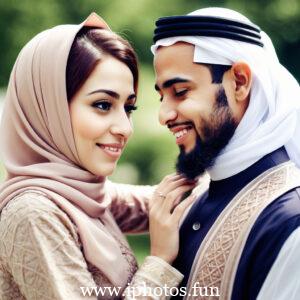 A romantic Arabic couple standing in the vast desert landscape under the clear blue sky