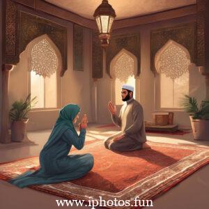 A Muslim couple sitting on a rug in front of a window, engaged in conversation and enjoying each other's company