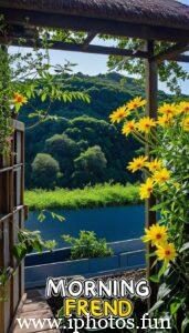 Cheerful morning scene with yellow flowers and a happy sun, conveying a warm greeting