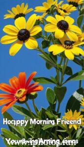 Cheerful morning scene with yellow flowers and a happy sun, conveying a warm greeting