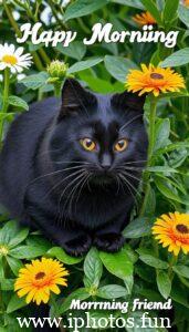 Cheerful morning scene with yellow flowers and a happy sun, conveying a warm greeting with cat