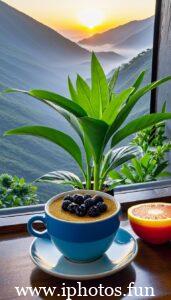 A cup of coffee and an apple on a wooden table