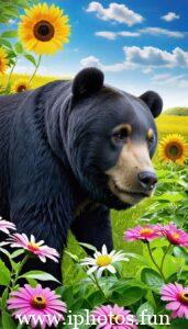 A bear standing in a field surrounded by colorful flowers and sunflowers