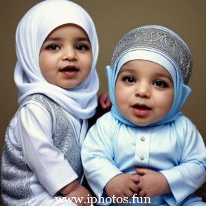 A baby wearing a white headscarf and necklace, looking adorable and innocent