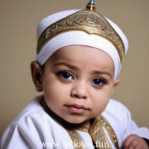 A baby wearing a white headscarf and necklace, looking adorable and innocent