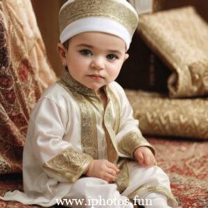 A baby wearing a white headscarf and necklace, looking adorable and innocent