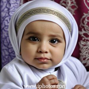 A baby wearing a white headscarf and necklace, looking adorable and innocent