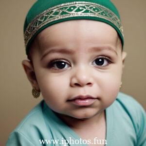 A baby wearing a white headscarf and necklace, looking adorable and innocent