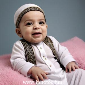 A baby wearing a white headscarf and necklace, looking adorable and innocent