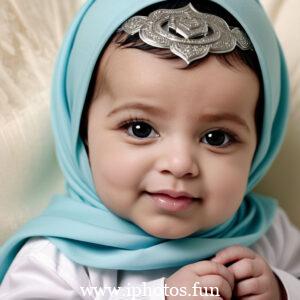 A baby wearing a white headscarf and necklace, looking adorable and innocent