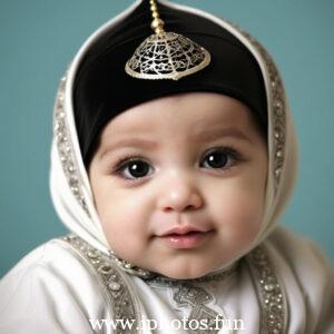 A baby wearing a white headscarf and necklace, looking adorable and innocent