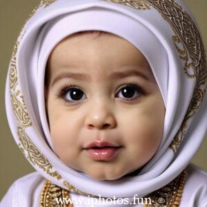 A baby wearing a white headscarf and necklace, looking adorable and innocent