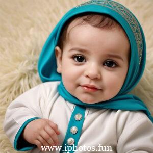 A baby wearing a white headscarf and necklace, looking adorable and innocent