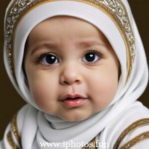 A baby wearing a white headscarf and necklace, looking adorable and innocent