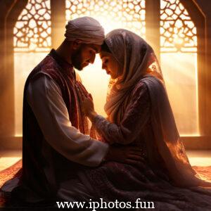 A Muslim couple sitting on a rug in front of a window, engaged in conversation and enjoying each other's company