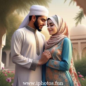 A Muslim couple embracing in a park, displaying affection and love in a serene outdoor