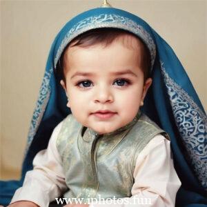 A baby wearing a white headscarf and necklace, looking adorable and innocent