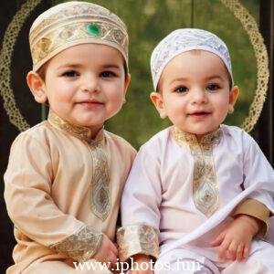 A baby wearing a white headscarf and necklace, looking adorable and innocent