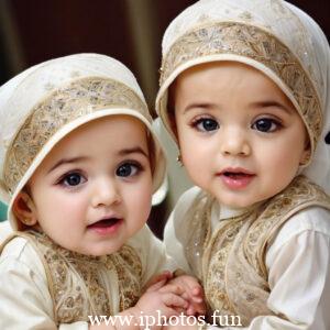 A baby wearing a white headscarf and necklace, looking adorable and innocent