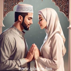 A man and woman in traditional Muslim attire praying in a mosque.