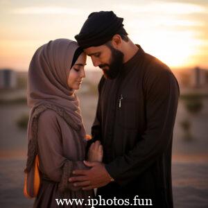 A Muslim couple sitting on a rug in front of a window, engaged in conversation and enjoying each other's company