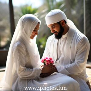 A man and woman in traditional Muslim attire praying