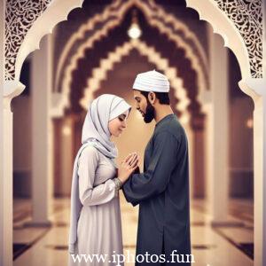 A man and woman in traditional Muslim attire praying in a mosque.