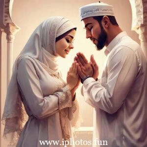 A man and woman in traditional Muslim attire praying in a mosque.