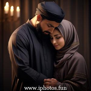 A man and woman in traditional Muslim attire praying in a mosque.