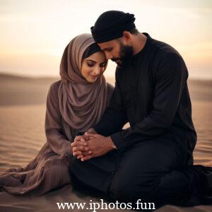 A Muslim couple sitting on a rug in front of a window, engaged in conversation and enjoying