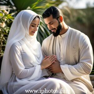 A Muslim couple sitting on a rug in front of a window, engaged in conversation and enjoying