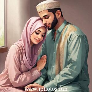 A Muslim couple sitting on a rug in front of a window, engaged in conversation and enjoying