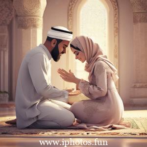 A Muslim couple sitting on a rug in front of a window, engaged in conversation and enjoying