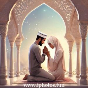 A Muslim couple sitting on a rug in front of a window, engaged in conversation and enjoying