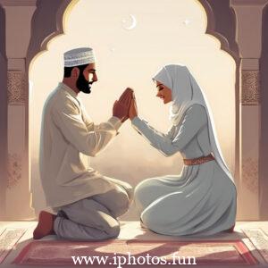 A man and woman in traditional Muslim attire praying in a mosque.