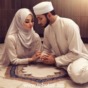 A man and woman in traditional Muslim attire praying in a mosque.