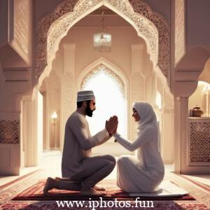 A man and woman in traditional Muslim attire praying in a mosque.