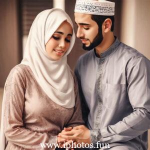 A man and woman in traditional Muslim attire praying in a mosque.