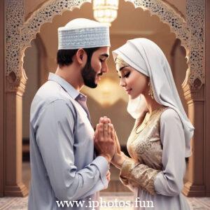 A Muslim couple sitting on a rug in front of a window, engaged in conversation and enjoying each other's company