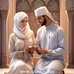 A man and woman in traditional Muslim attire praying in a mosque.