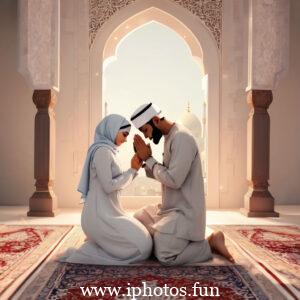 A man and woman in traditional Muslim attire praying in a mosque.