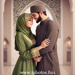 A man and woman in traditional Muslim attire praying in a mosque.