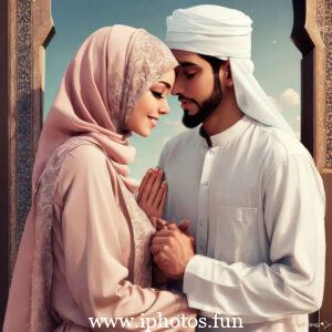 A man and woman in traditional Muslim attire praying in a mosque.