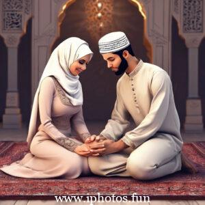 A man and woman in traditional Muslim attire praying in a mosque.