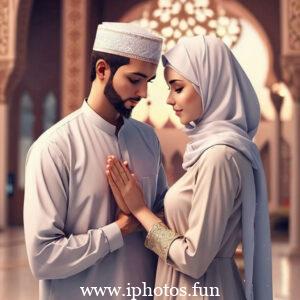 A man and woman in traditional Muslim attire praying in a mosque.